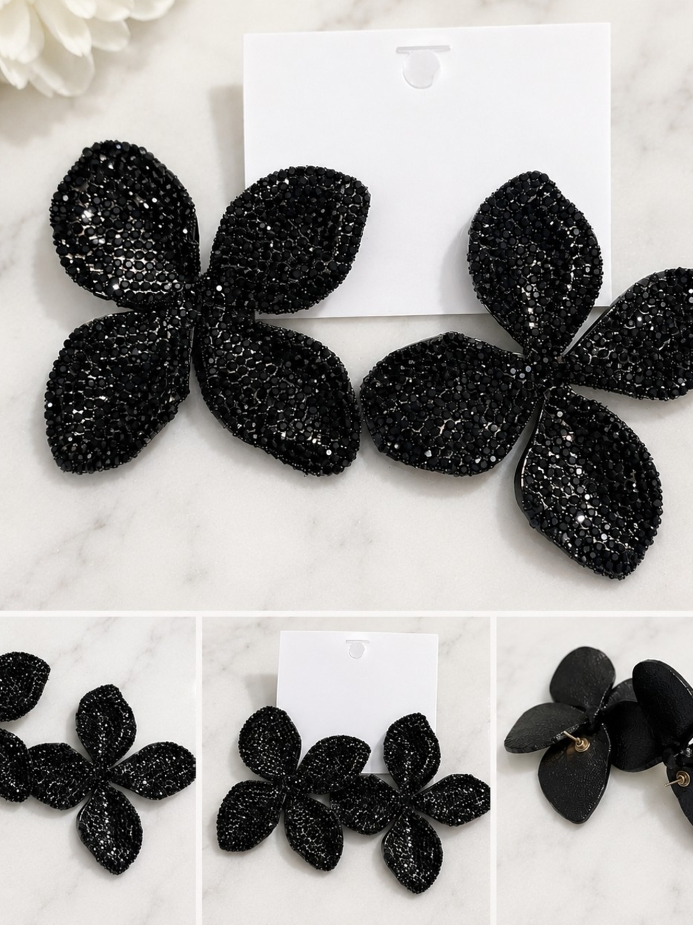 Jennifer & Company Black Crystal Floral Statement Earrings